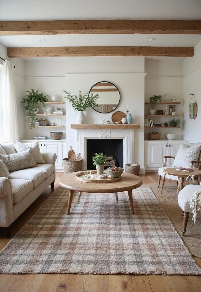 29 Checkered Rug Living Room Ideas That Add Fun Contrast - 7. Farmhouse Rustic Vibes
