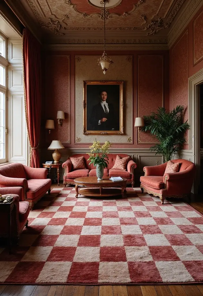 29 Checkered Rug Living Room Ideas That Add Fun Contrast - 8. Luxurious Velvet Touch