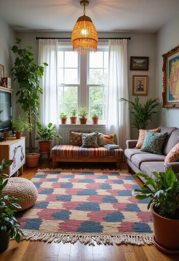 29 Checkered Rug Living Room Ideas That Add Fun Contrast - 9. Eclectic Boho Flair