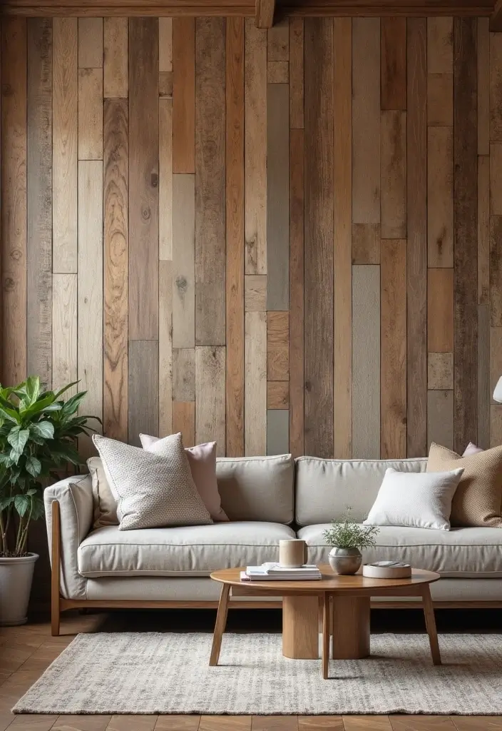 29 Interior Wall Tiles Living Room Ideas That Add Texture and Shine - 1. Reclaimed Wood Tiles