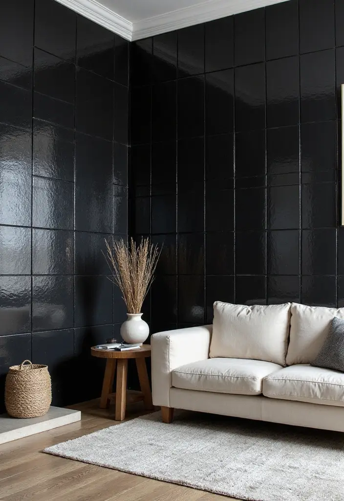 29 Interior Wall Tiles Living Room Ideas That Add Texture and Shine - 27. Minimalist Black Tiles