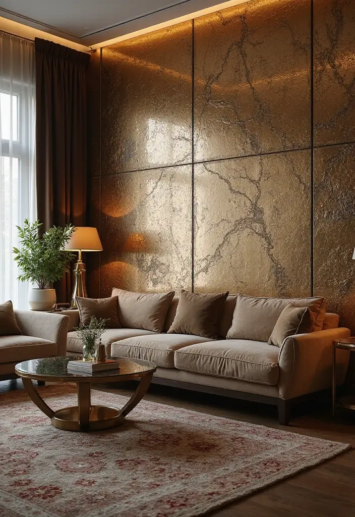 29 Interior Wall Tiles Living Room Ideas That Add Texture and Shine - 29. Elegant Metallic Tiles
