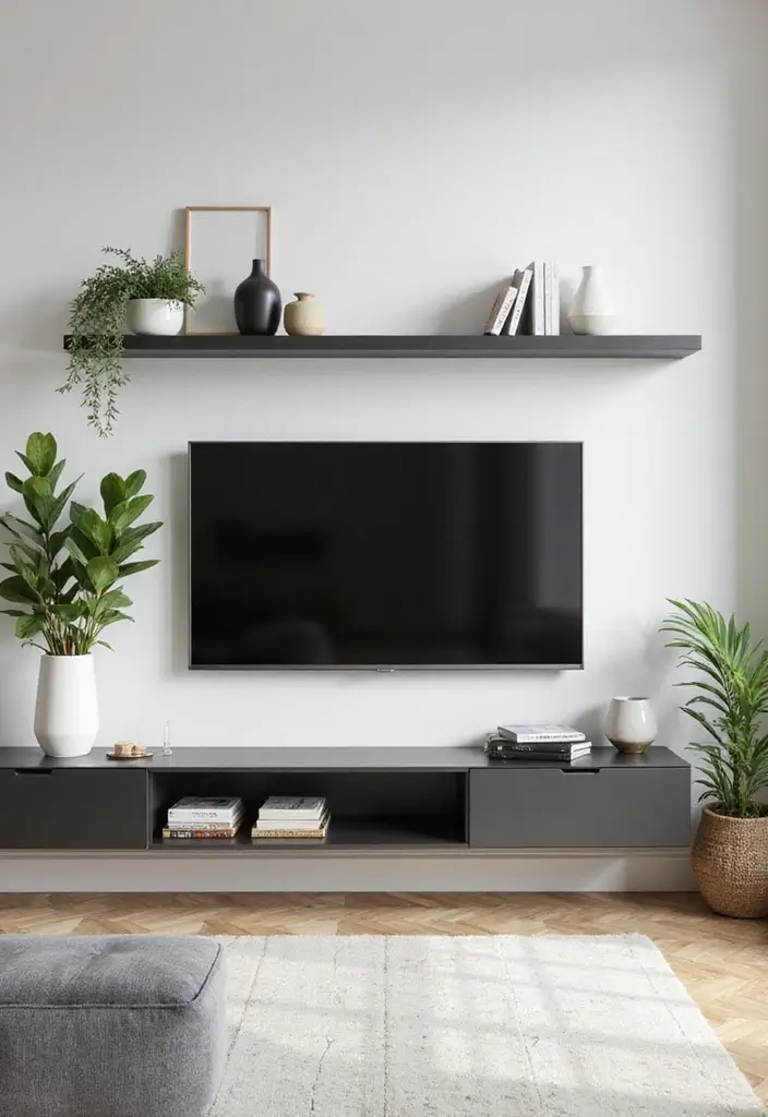 29 Living Room Ideas TV Wall Designs That Feel Smart and Sleek - 1. Floating Shelves for a Sleek Look