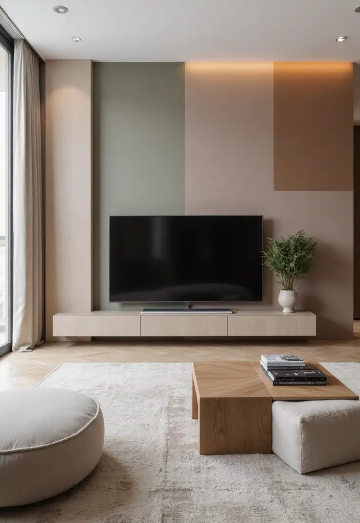 29 Living Room Ideas TV Wall Designs That Feel Smart and Sleek - 10. Minimalist Color Blocks