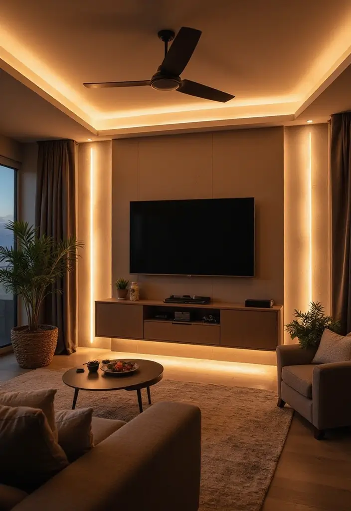 29 Living Room Ideas TV Wall Designs That Feel Smart and Sleek - 16. Smart Lighting Solutions