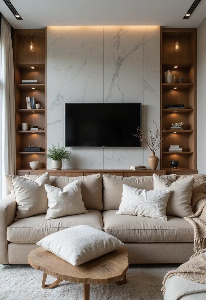 29 Living Room Ideas TV Wall Designs That Feel Smart and Sleek - 18. Integrating Textiles