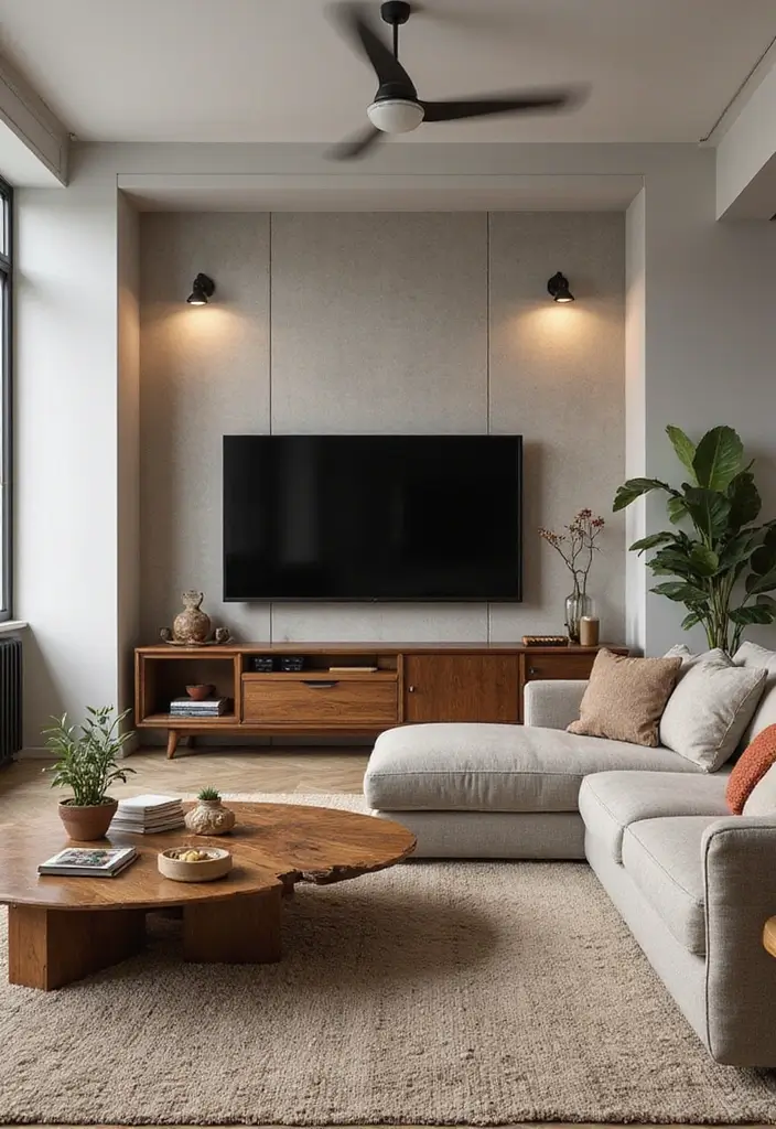 29 Living Room Ideas TV Wall Designs That Feel Smart and Sleek - 22. Retro Minimalism