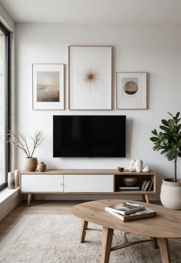 29 Living Room Ideas TV Wall Designs That Feel Smart and Sleek - 9. Minimalist Artwork