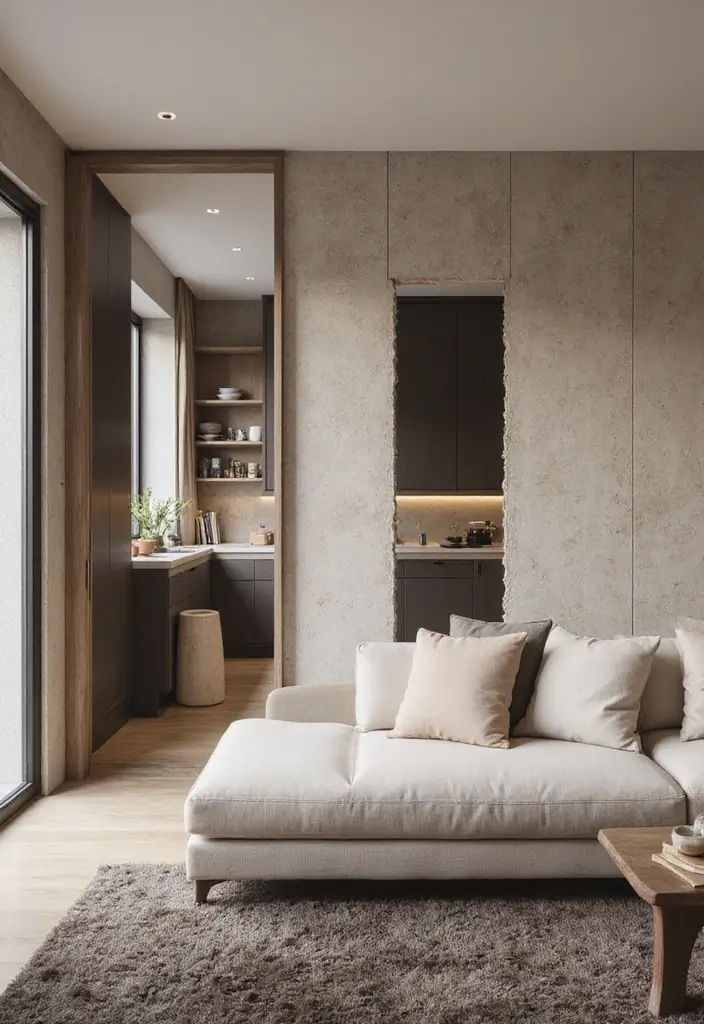 29 Living Room Kitchen Partition Ideas That Create Flow and Function - 15. Textured Wall Panels