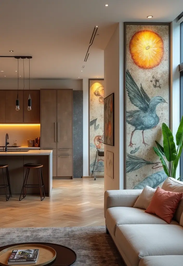 29 Living Room Kitchen Partition Ideas That Create Flow and Function - 26. Innovative Art Panels