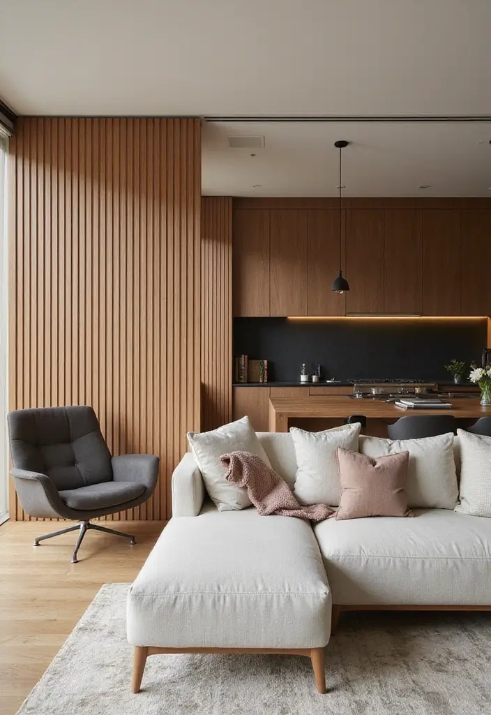 29 Living Room Kitchen Partition Ideas That Create Flow and Function - 28. Linear Wood Grains