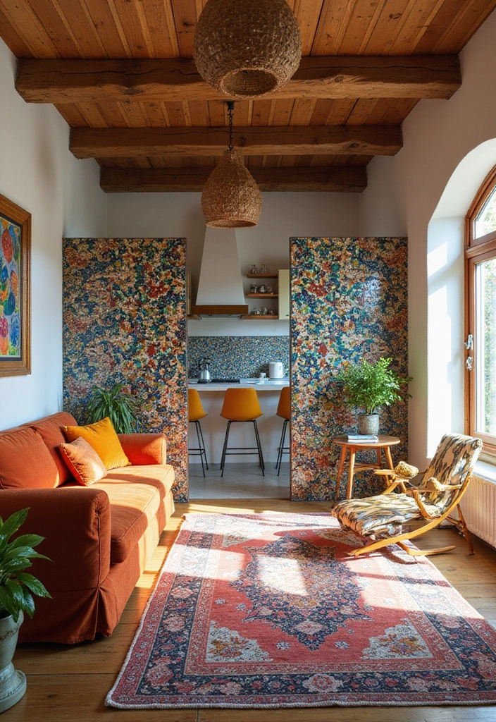 29 Living Room Kitchen Partition Ideas That Create Flow and Function - 29. Artistic Mosaic Partitions