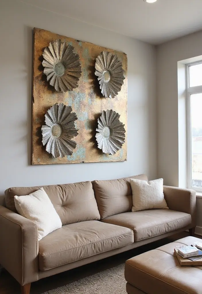 29 Living Room Wall Art Ideas That Elevate Your Decor - 13. Recycled Metal Art