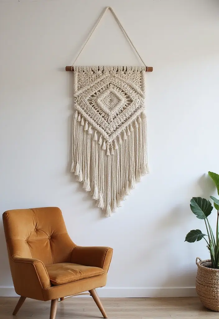 29 Living Room Wall Art Ideas That Elevate Your Decor - 18. DIY Macrame Wall Hanging