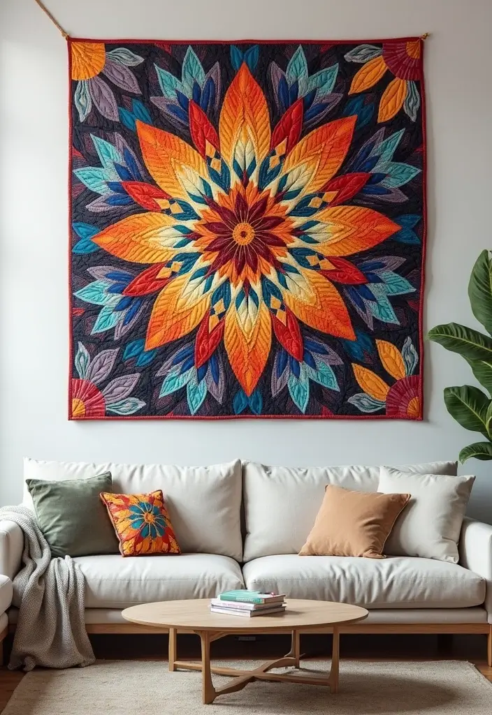 29 Living Room Wall Art Ideas That Elevate Your Decor - 26. Handcrafted Quilts