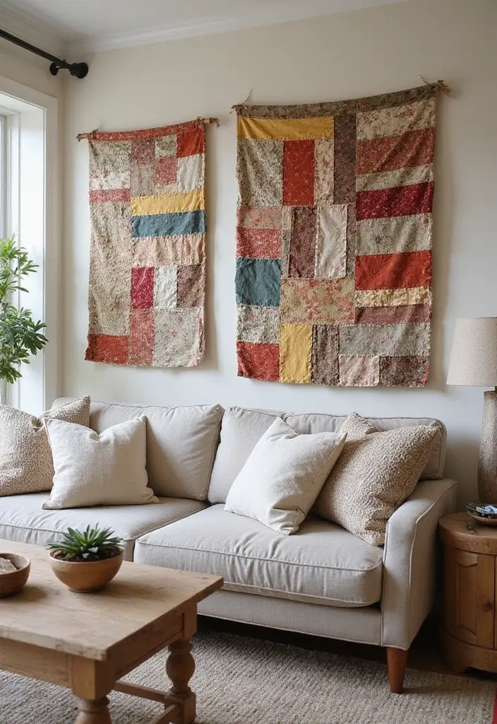 29 Living Room Wall Art Ideas That Elevate Your Decor - 3. Upcycled Fabric Wall Hangings