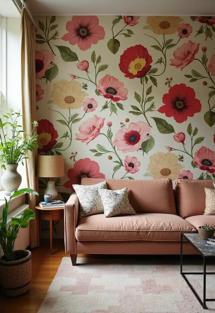 29 Living Room Wallpapering Ideas Modern and Minimal - 16. Bold Floral Prints