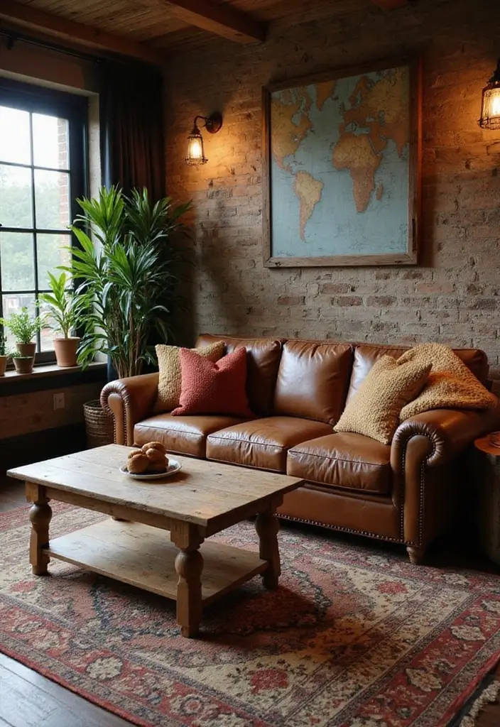 29 Living Room With Brown Sofa Ideas That Feel Cozy and Timeless - 1. Rustic Retreat with a Leather Sofa