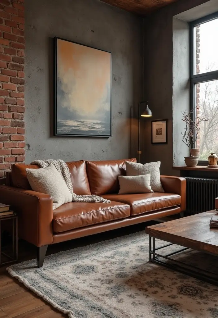 29 Living Room With Brown Sofa Ideas That Feel Cozy and Timeless - 10. Industrial Edge with Metal Accents