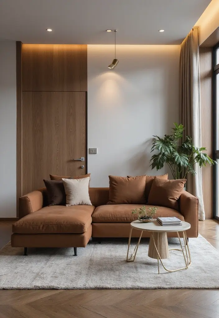 29 Living Room With Brown Sofa Ideas That Feel Cozy and Timeless - 11. Contemporary Comfort with Neutral Tones