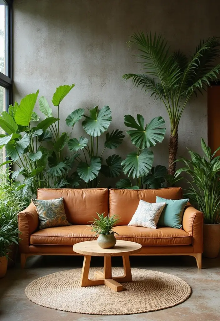 29 Living Room With Brown Sofa Ideas That Feel Cozy and Timeless - 12. Tropical Retreat with Lush Greenery