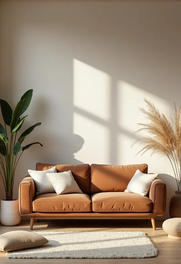 29 Living Room With Brown Sofa Ideas That Feel Cozy and Timeless - 13. Zen-Inspired Space with Calming Elements