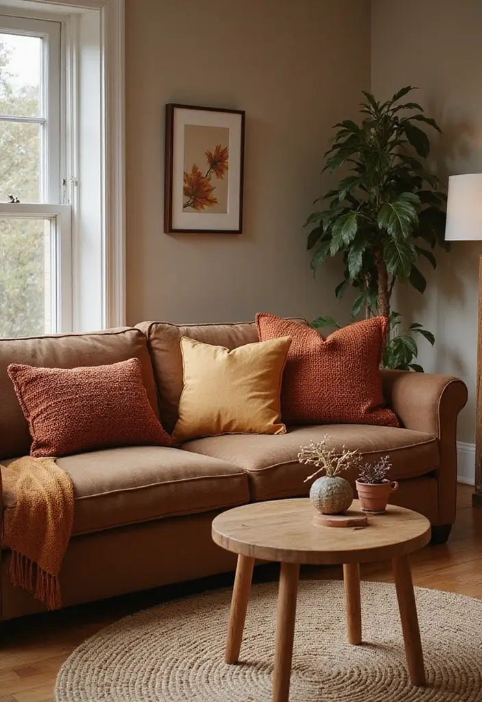 29 Living Room With Brown Sofa Ideas That Feel Cozy and Timeless - 15. Warm Autumnal Palette with Earthy Tones