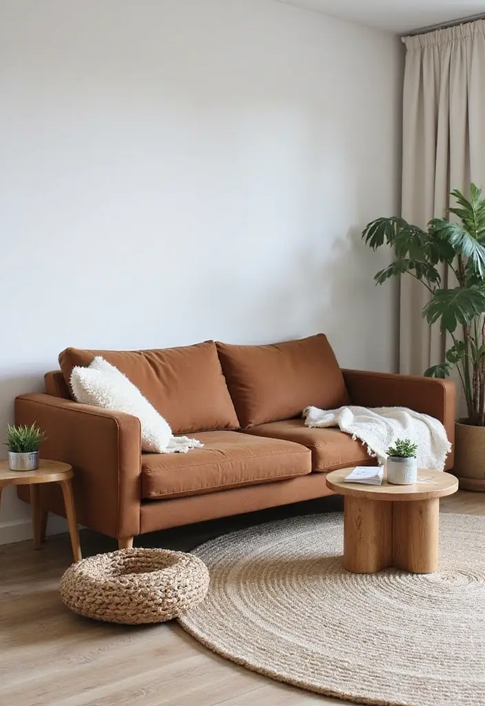 29 Living Room With Brown Sofa Ideas That Feel Cozy and Timeless - 16. Scandinavian Simplicity with Cozy Layers