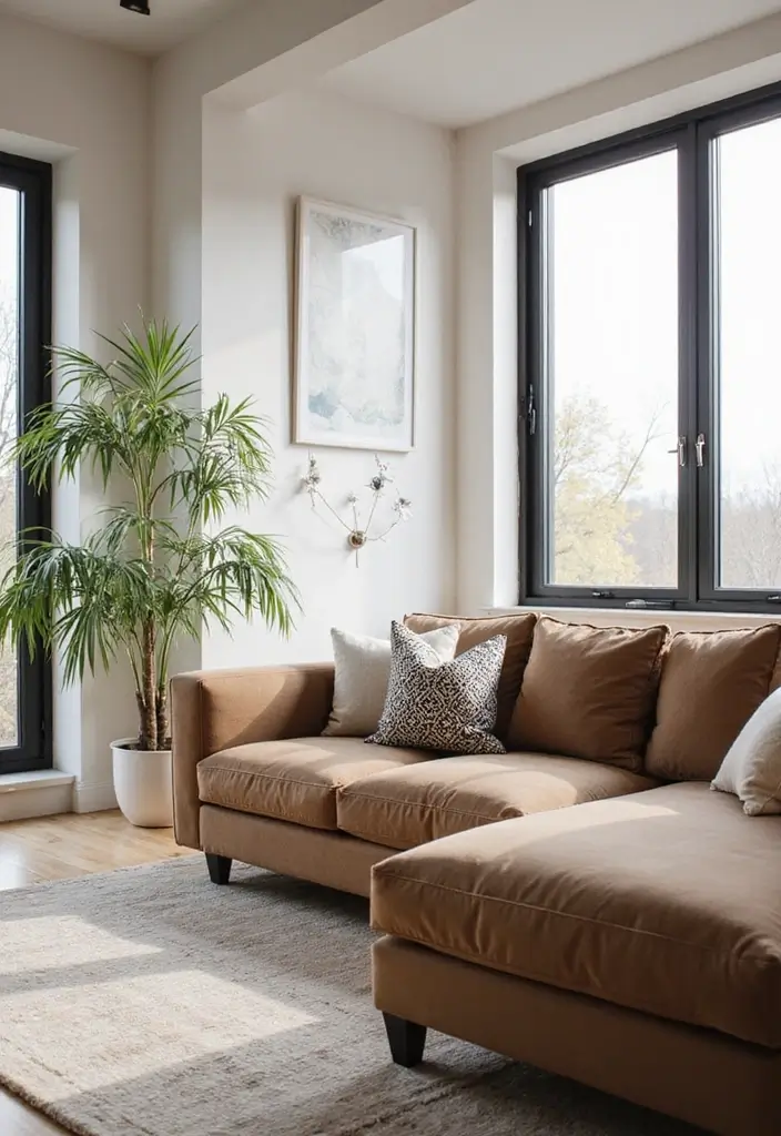 29 Living Room With Brown Sofa Ideas That Feel Cozy and Timeless - 2. Modern Minimalism with Accented Brown