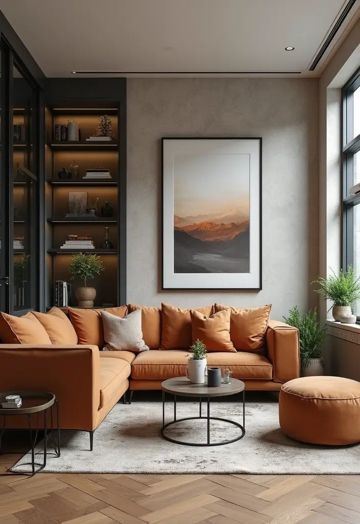 29 Living Room With Brown Sofa Ideas That Feel Cozy and Timeless - 21. Chic City Living with Urban Vibes