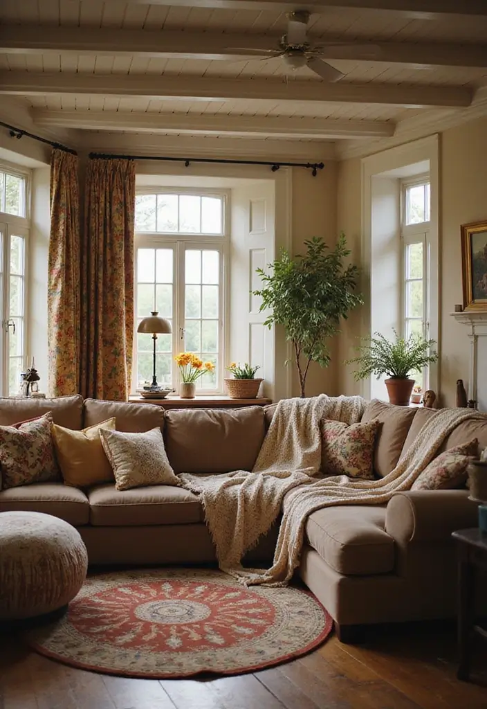 29 Living Room With Brown Sofa Ideas That Feel Cozy and Timeless - 22. Cozy Cottage with Soft Textiles