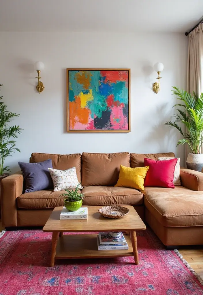 29 Living Room With Brown Sofa Ideas That Feel Cozy and Timeless - 23. Bright and Bold with Statement Pieces