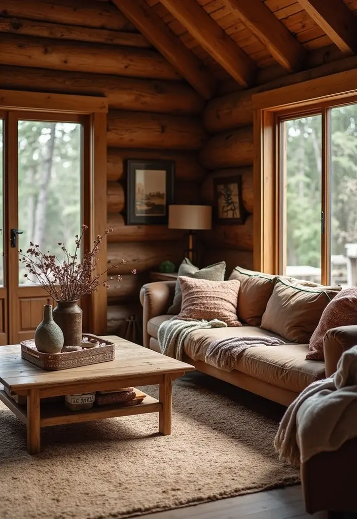 29 Living Room With Brown Sofa Ideas That Feel Cozy and Timeless - 24. Cozy Cabin Vibe with Natural Elements