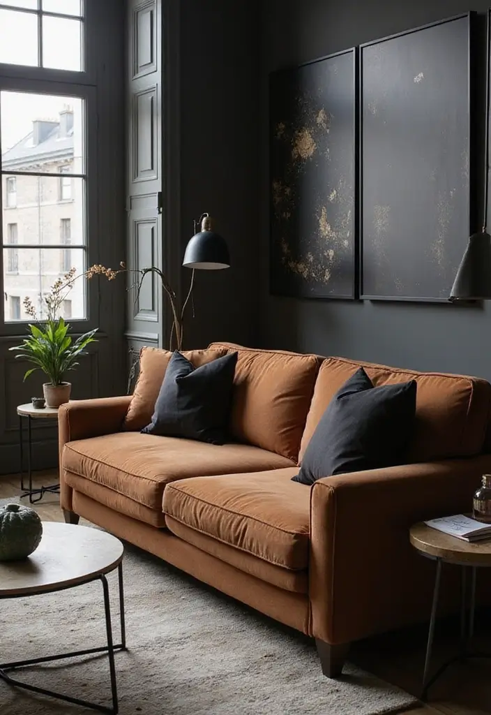 29 Living Room With Brown Sofa Ideas That Feel Cozy and Timeless - 25. Sophisticated Black and Brown Contrast