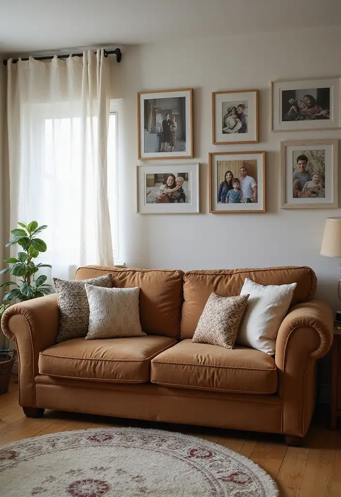 29 Living Room With Brown Sofa Ideas That Feel Cozy and Timeless - 26. Personal Touches with Family Photos