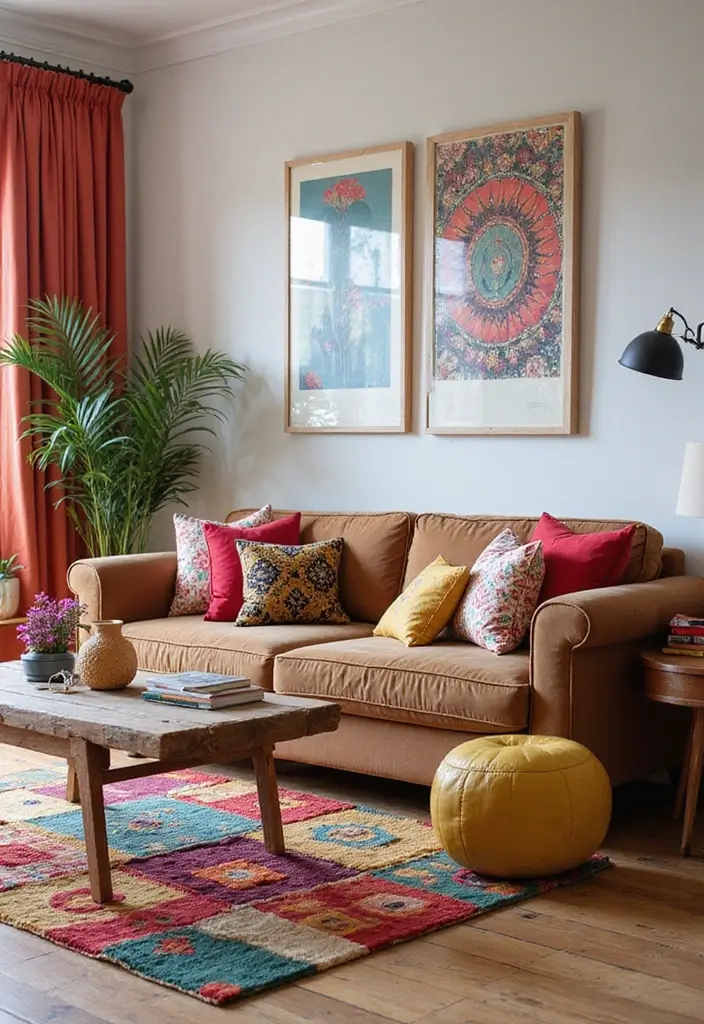 29 Living Room With Brown Sofa Ideas That Feel Cozy and Timeless - 28. Playful Patterns with a Fun Twist