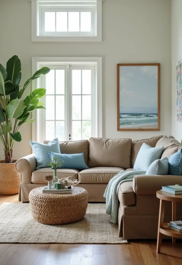 29 Living Room With Brown Sofa Ideas That Feel Cozy and Timeless - 4. Coastal Calm with Soft Blues