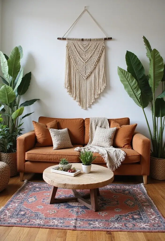 29 Living Room With Brown Sofa Ideas That Feel Cozy and Timeless - 5. Bohemian Chic with Layered Textures