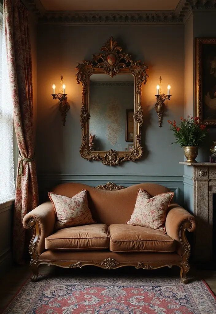 29 Living Room With Brown Sofa Ideas That Feel Cozy and Timeless - 6. Vintage Charm with Antique Accents
