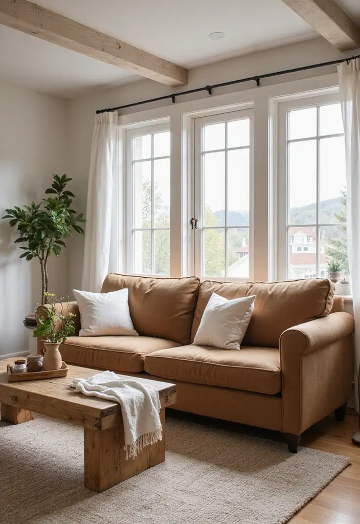 29 Living Room With Brown Sofa Ideas That Feel Cozy and Timeless - 8. Farmhouse Flair with Warm Wood Accents