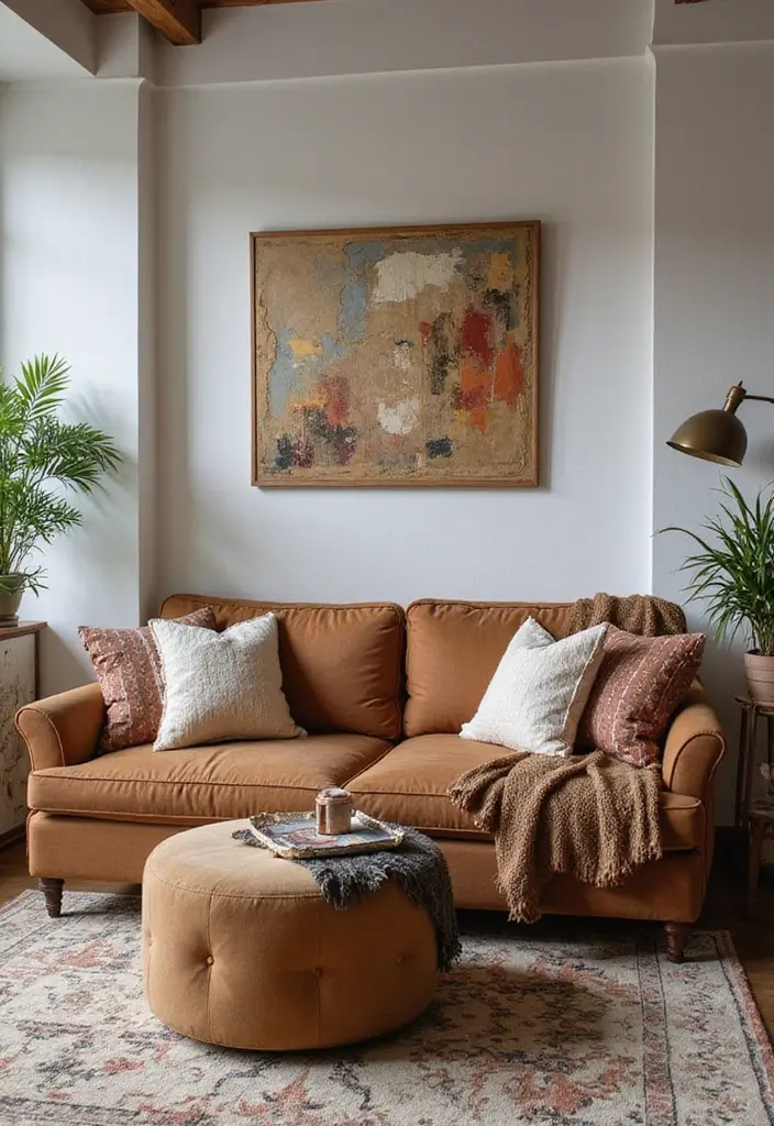 29 Living Room With Brown Sofa Ideas That Feel Cozy and Timeless - 9. Artistic Flair with Unique Decor
