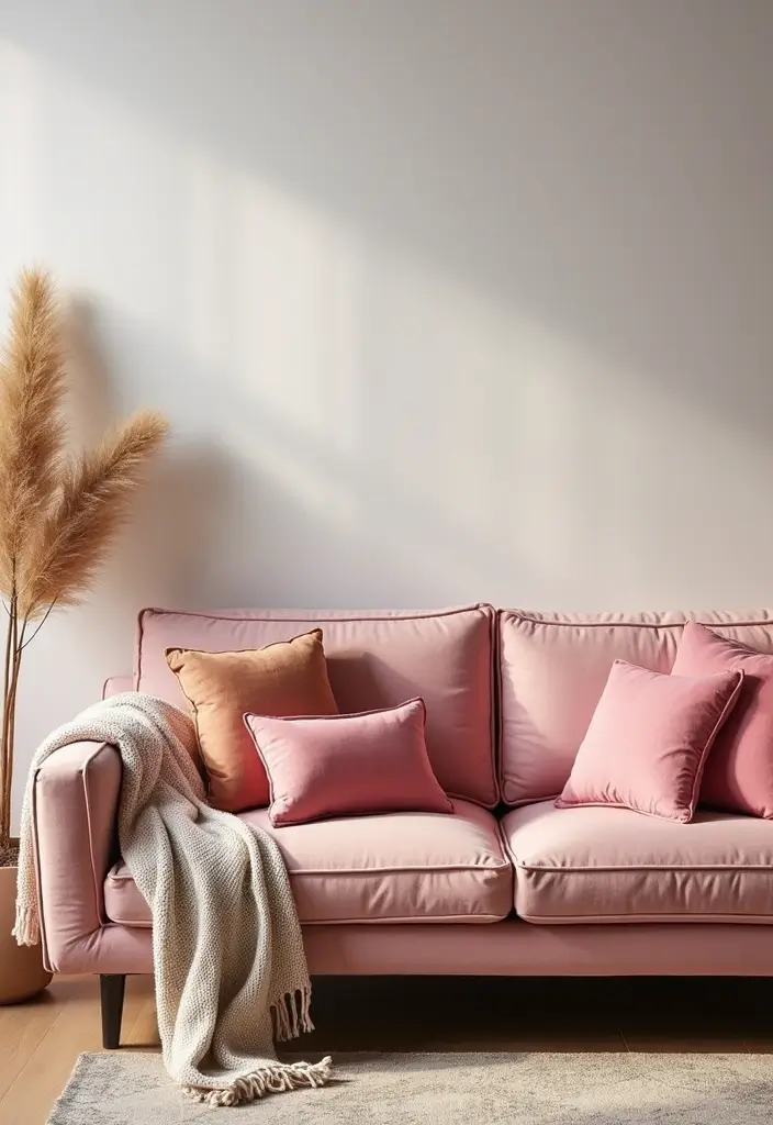 29 Pink Living Room Decor Ideas That Are Playful and Chic - 1. Blush Pink Sofa with Colorful Cushions