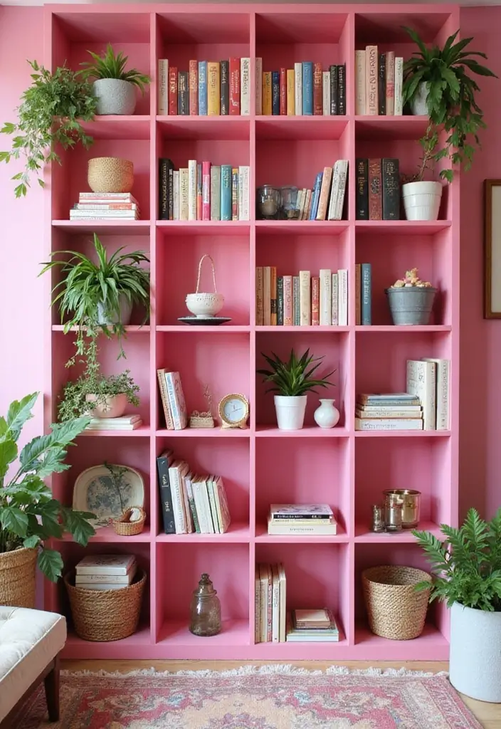 29 Pink Living Room Decor Ideas That Are Playful and Chic - 11. Pink Bookcases with Eclectic Contents