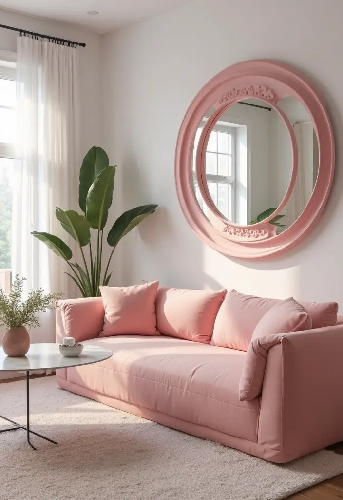 29 Pink Living Room Decor Ideas That Are Playful and Chic - 12. Pink Framed Mirrors for Elegance