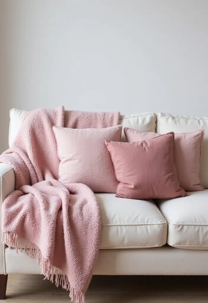 29 Pink Living Room Decor Ideas That Are Playful and Chic - 13. Pink Throws for Cozy Accents