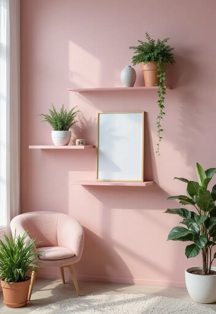 29 Pink Living Room Decor Ideas That Are Playful and Chic - 14. Pink Wall Shelves for Added Functionality