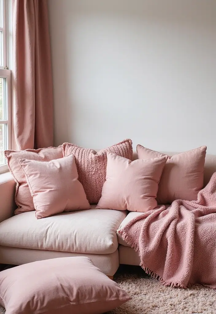 29 Pink Living Room Decor Ideas That Are Playful and Chic - 15. Pink Textiles for a Cozy Environment