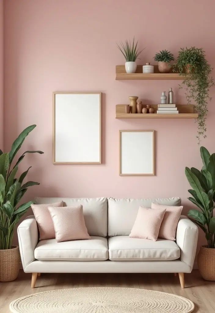 29 Pink Living Room Decor Ideas That Are Playful and Chic - 2. Pink Accent Wall with Bohemian Art