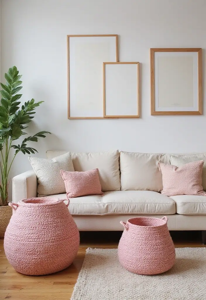 29 Pink Living Room Decor Ideas That Are Playful and Chic - 20. Pink Woven Baskets for Storage