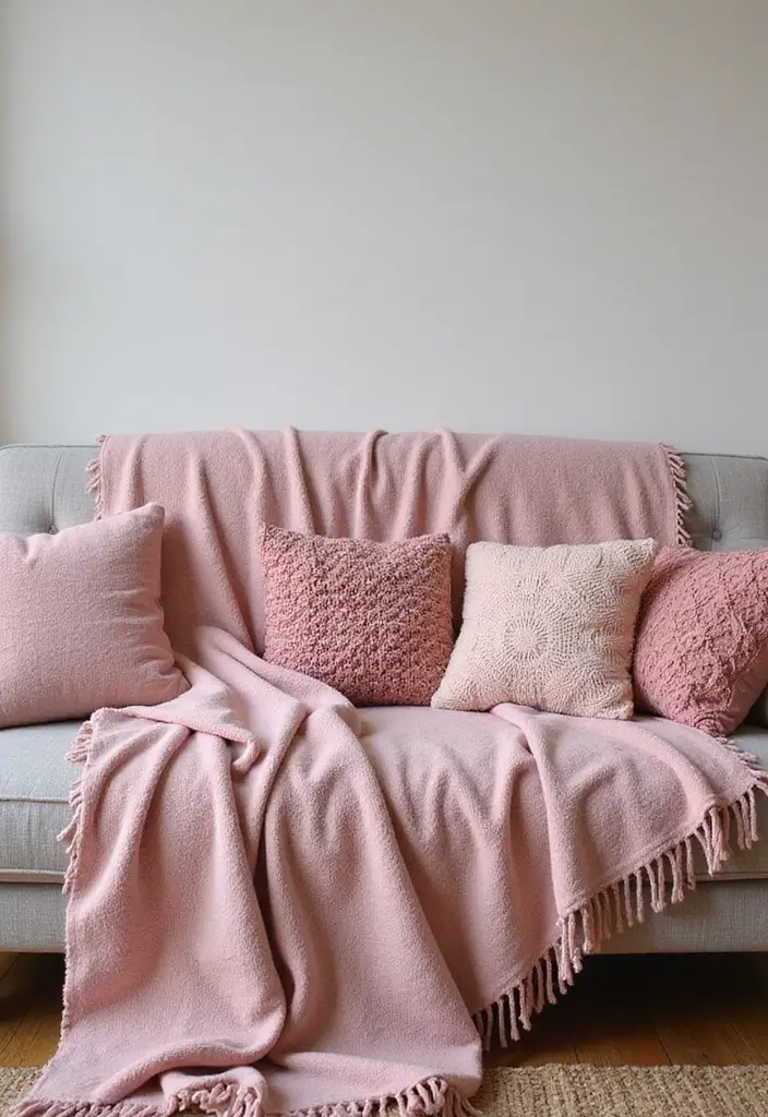 29 Pink Living Room Decor Ideas That Are Playful and Chic - 23. Pink Throw Blankets for Layering